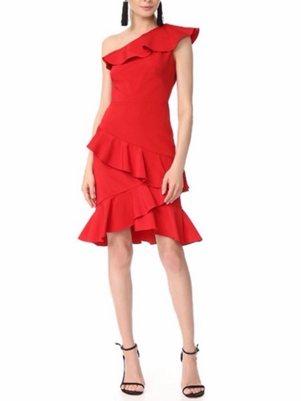 Marchesa Notte One Shoulder Tiered Ruffle Mini Dress Red 12 Designer Cocktail - Picture 1 of 11